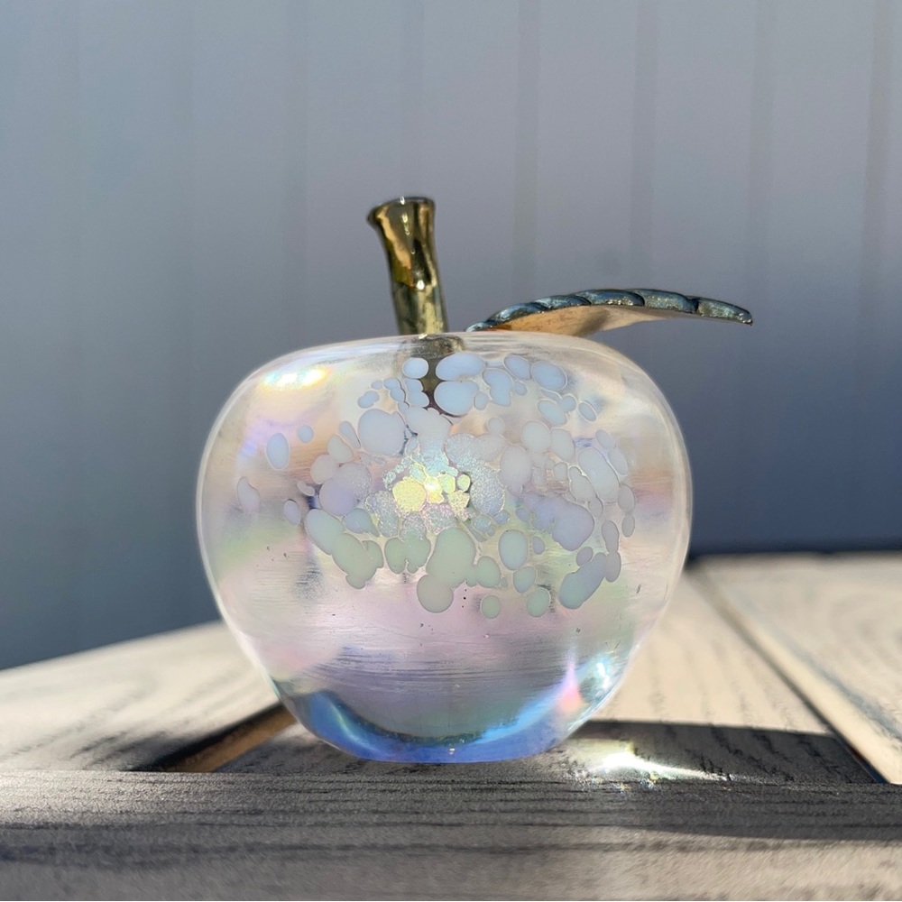 Vintage 1960s Glass Paper Weight With Brass Stem & Leaf